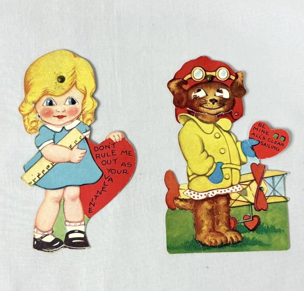 Lot of 2 Vintage Valentines Day Cards Mechanical Moving Eyes
